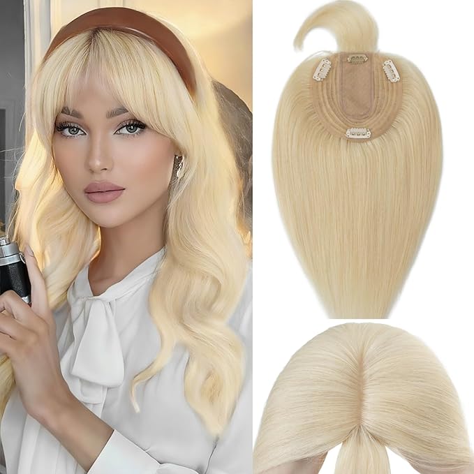Rich Choices Real Human Hair Toppers for Women With Bang 100% Remy Human Hair Topper for Thinning Hair Clip in Silk Base Hair Topper 14 Inch #613 Bleach Blonde