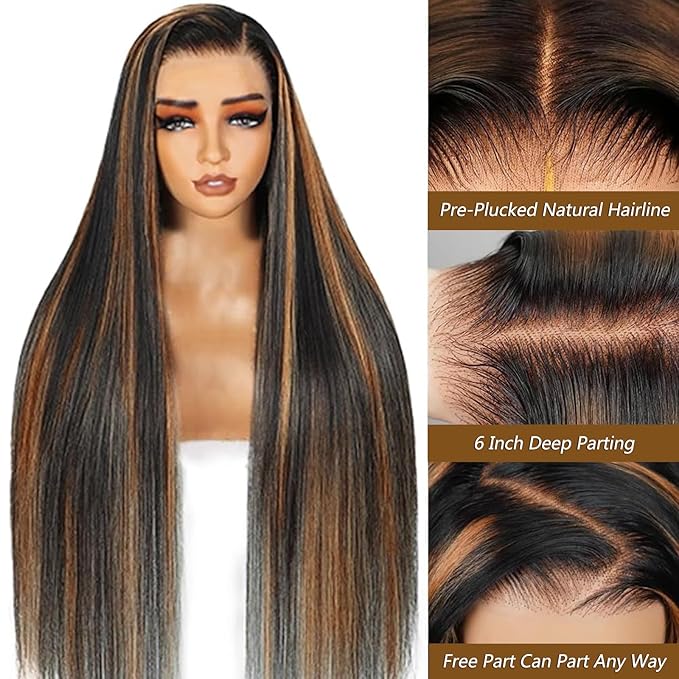 Ombre Lace Front Wig Human Hair 1B/30 Highlight Straight Wigs 13X6 Transparent Lace Frontal Glueless Wigs Honey Blonde Colored Human Hair Pre Plucked for Women 30inch