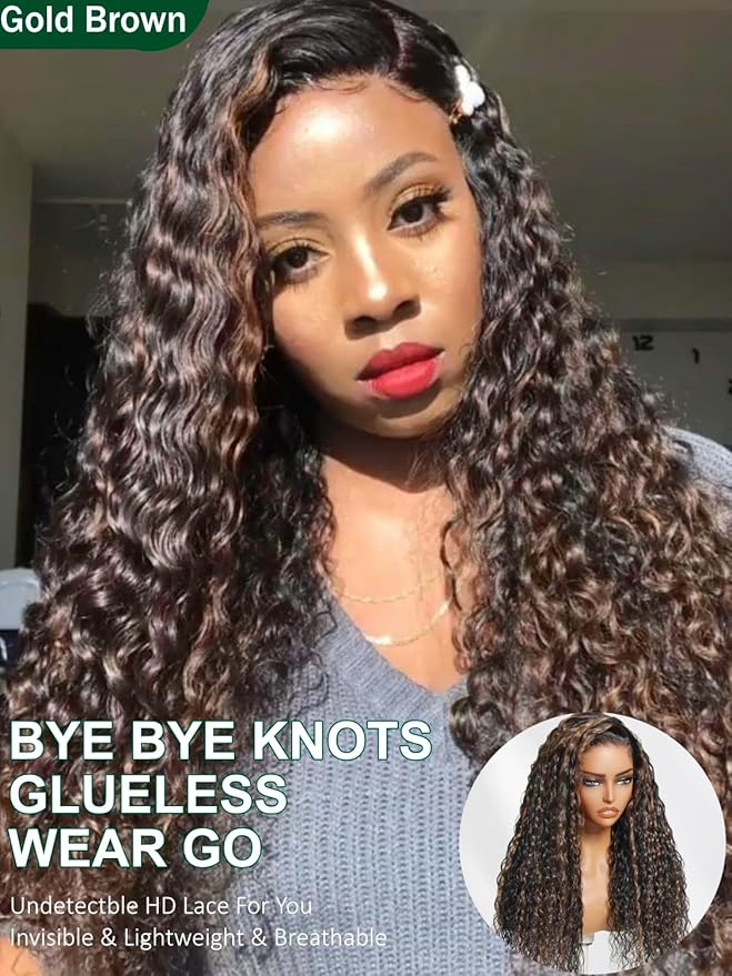 KLAIYI Golden Brown Water Wave Bye Bye Knots Glueless Wig Human Hair Highlight 7x5 Precut Lace Front Pre Plucked Bleached Ombre 3S Ready to Wear Go Beginners Wig with Dark Roots Deep Curly Wave 16Inch