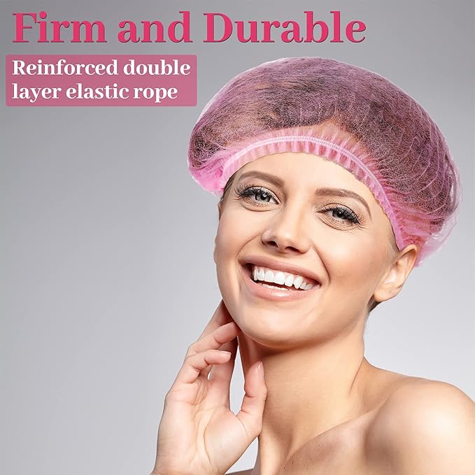 100 Pcs Disposable Nonwoven Bouffant Caps 21 Inch Hair Net Elastic Cap Hair Cover Hats for Beauty Salon Hospital Spa Catering Dust-free Workspace(Pink)