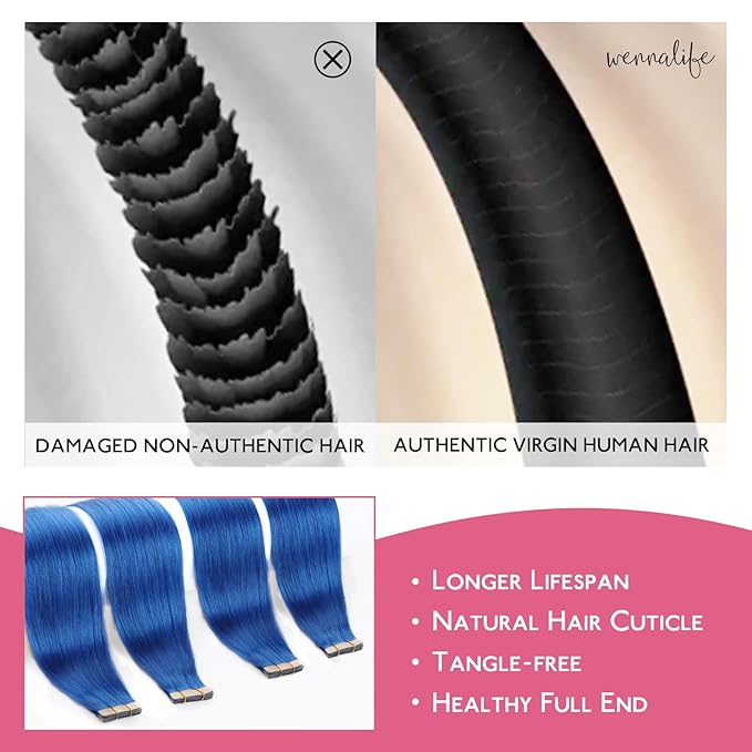 WENNALIFE Tape in Hair Extensions Human Hair Blue Tape in Extensions, 10pcs 30g 22 inch Remy Invisible Tape Ins Straight Colored Soft Real Human Hair Tape in Extensions Refill Set Extensions