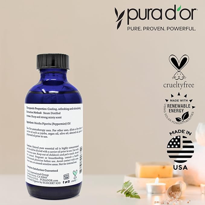 PURA D'OR Organic Peppermint Essential Oil (4oz with Glass Dropper) 100% Pure & Natural Therapeutic Grade - Hair, Body, Skin, Aromatherapy Diffuser, Massage, Refreshens, Energy, Mood, Home, DIY Soap