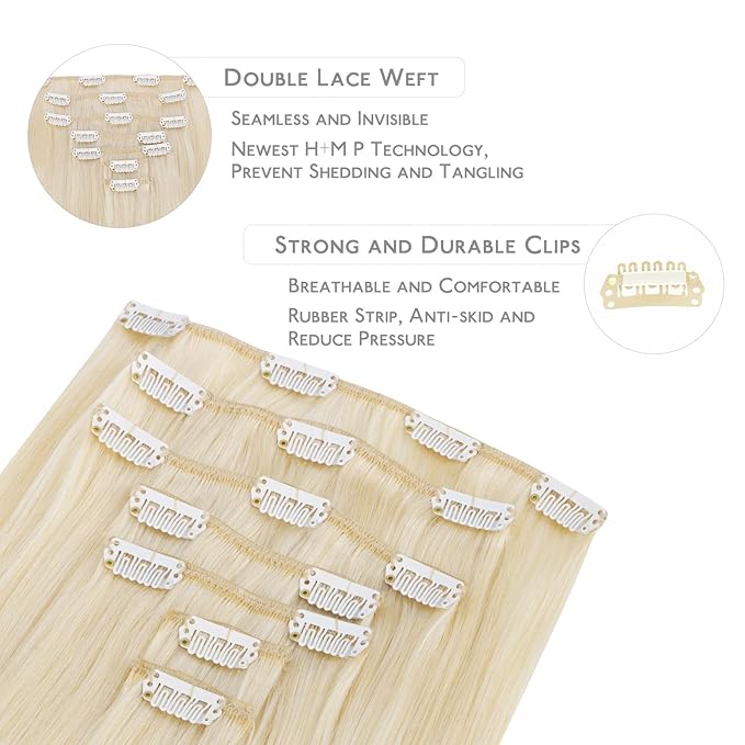 WENNALIFE Clip in Hair Extensions Real Human Hair, 20 Inch 120g 7pcs Platinum Blonde Hair Extensions Clip in Human Hair Remy Clip in Hair Extensions Real Human Hair Double Weft