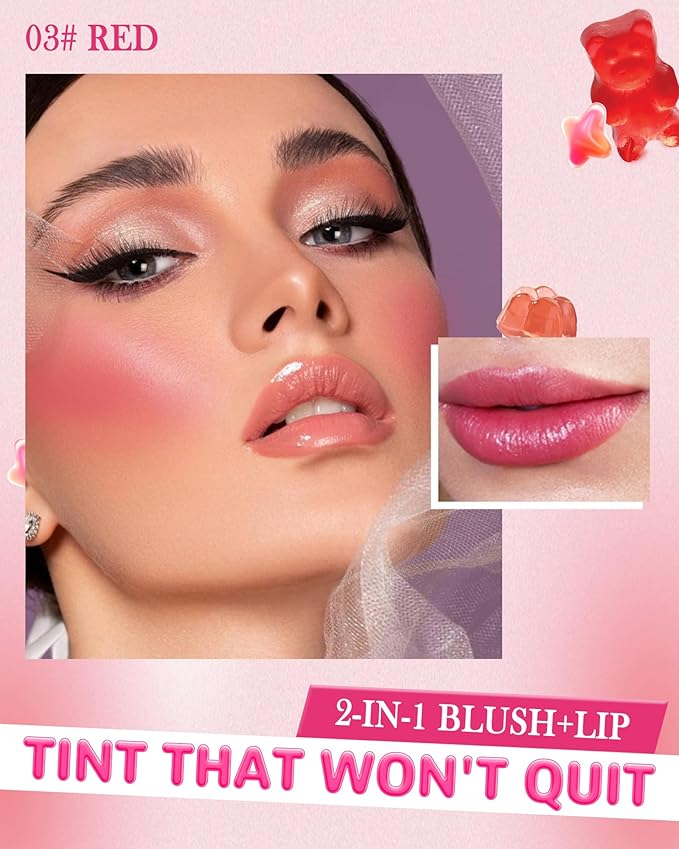 Makeup Jelly Tint, Cooling Water Jelly Tint Red Blush Stick, Sheer Lip & Cheek Tint Stain, Long Lasting Waterproof Jelly Blush Lip Gloss, Vivid Color, Non-Sticky, Buildable Tinted Jelly Lip Stains-03