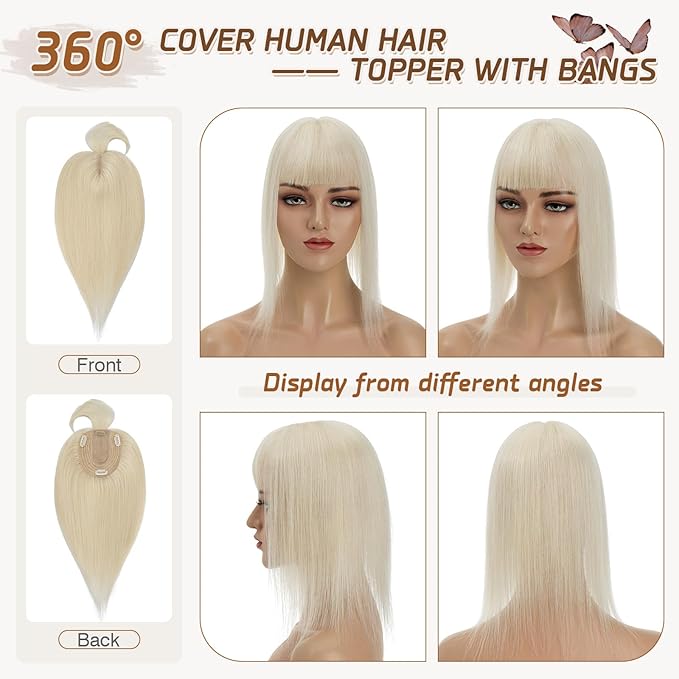 Rich Choices Hair Toppers for Women Real Human Hairs With Bang 100% Remy Human Topper for Thinning Hair Clip in Silk Base Topper 6 Inch #60 Platinum Blonde