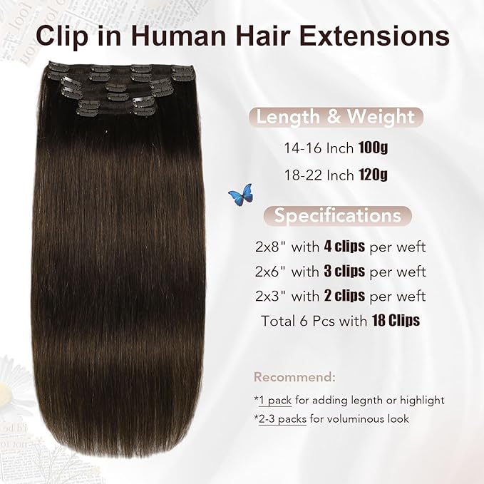 XDhair Clip in Hair Extensions Human Hair 100g 16 Inch Dark Brown Human Hair Extensions Clip ins Hair Extension Real Human Hair Silky Straight Hair #2 16 Inch
