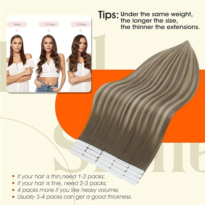 Full Shine Hair Extensions Tape in Balayage Color 7/1000/7 Human Hair Tape ins Extensions 22Inch Tape Hair Extensions 50G Seamless Skin Weft Remy Human Hair Extension Natural Straight Hair 20Pcs