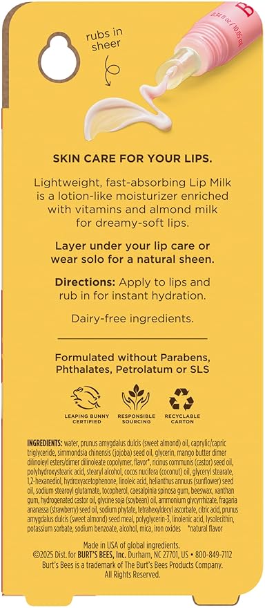Burt’s Bees Lip Milk, Daily Lip Moisturizer, Sweet Strawberry, Vitamin Enriched Moisturizing Lip Balm with Almond Milk and Jojoba Oil, Hydrating for Softer Lips, 1 Tube, 0.34 Fl Oz