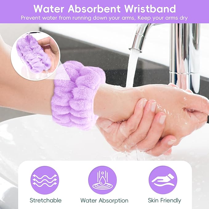 Face Wash Headband and Wristband Set Fashion Spa Headband, Coral Velvet Face Wash Set for Women, Adjustable Makeup Headbands Hair Band for Washing Face, Facial Skincare (Purple)