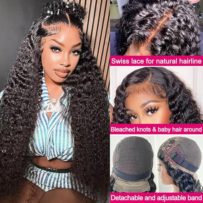 SOSATISFY Deep Wave Lace Front Wigs Human Hair 4x4 HD Transparent Lace Closure Wigs Glueless 180% Density Human Wigs for Black Women Pre Plucked with Baby Hair (24 inch)