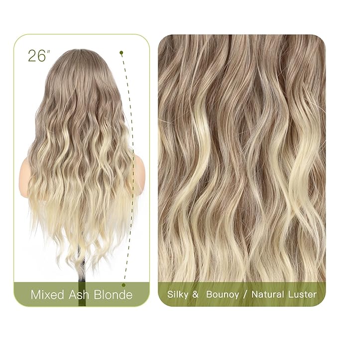 Long Wavy Ash Blonde Wig with Curtain Bangs for Women 26 Inch Synthetic Wig Natural Looking Heat Resistant Fiber Hair Wig for Daily Party Halloween Cosplay Use