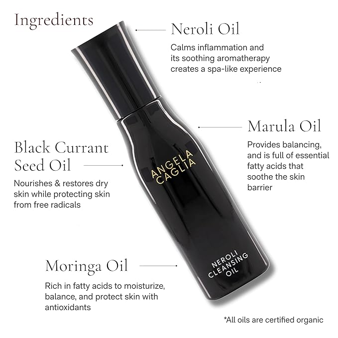 Angela Caglia Neroli Cleansing Oil - Makeup Remover & Face Cleanser with Lipid-Lock Technology - Organic Moringa, Marula, Black Currant & Neroli Oils - Soothing Hydration & Barrier Support