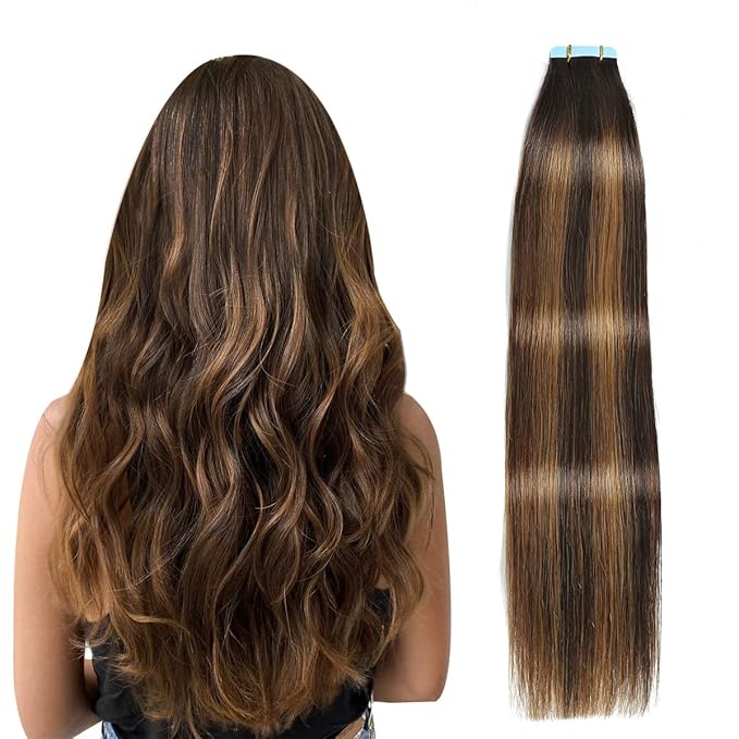 SUYYA Tape in Hair Extensions Human Hair Balayage Darkest Brown to Light Brown 16 Inch 40g/pack 20pcs Straight Seamless Skin Weft Tape in Real Human Hair Extensions(16inch #P2/8/T2)