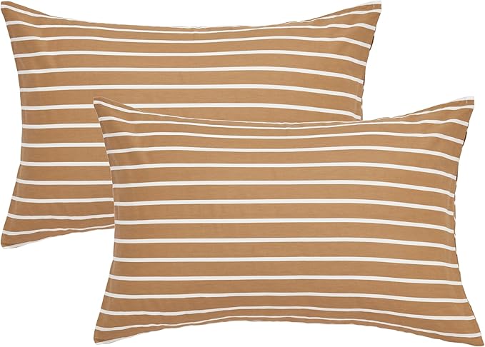 JELLYMONI 100% Natural Cotton Striped King Pillowcases Set, 2 Pack Rust and White Stripes Pattern Printed Pillow Covers with Envelope Closure(Pillows are not Included)