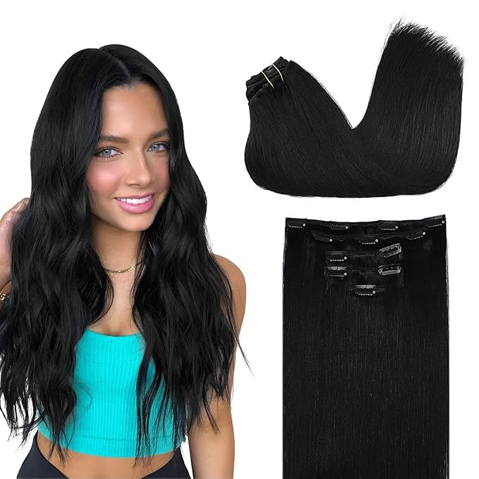 DOORES Hair Extensions Clip in Human Hair, 5pcs 75g 14 Inch Jet Black Clip in Human Hair Extensions Remy Hair Extensions Straight