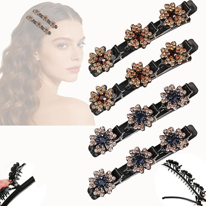 4PCS Sparkling Crystal Stone Braided Hair Clips for Women,Rhinestone Hair Clip for Short and Long Hair,Duckbill Hair Clips for Thick and Fine Hair,Hair Styling Accessories Birthday & Christmas Gifts