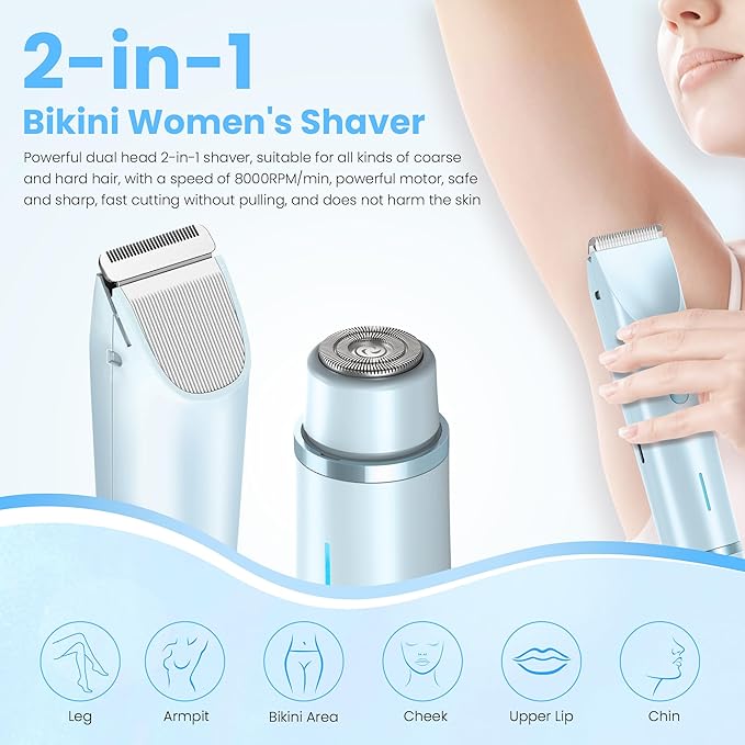 Bikini Trimmer for Women-2 in 1 Electric Razors for Women,USB Rechargeable Bikini Electric Shaver,IPX7 Waterproof Dry & Wet Use Body Hair Trimmer and Facial Hair Remover for Underarm Leg Body,Blue