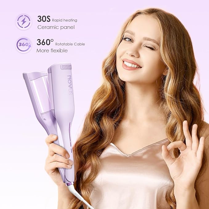NOVUS Curling Iron Hair Crimper Waver - 1.4 Inch Anti-Scald Waves Curling Wand, Ionic Deep Waver Hair Curler Tool with Ceramic 2 Barrel for All Hair Types, Auto Shutdown Protection