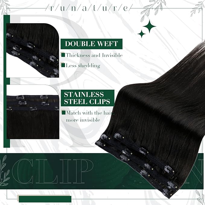RUNATURE Black Clip in Hair Extensions, Real Human Hair Clip in Extensions, Clip on Hair Extensions For Women, Double Weft Remy Natural Hair, Easy to Install, 14 Inch 50g 3pcs #1B Off Black