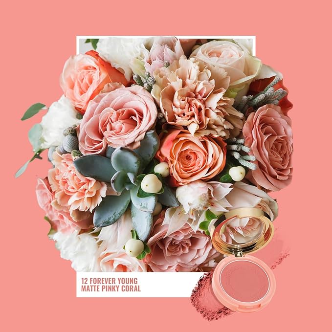 Oulac Blush Face Coral Matte | Pigmented Powdery Cream Blusher Warm Skin Light Medium| Natural Matte | Light Weight&Blendable| Cruelty-Free Blush| 12 Forever Young 4.8g