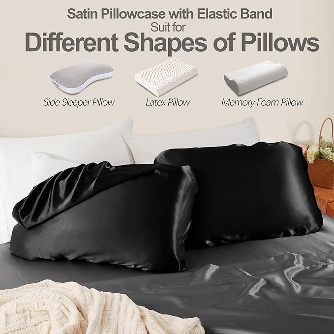 SiinvdaBZX Black Satin Pillowcase Standard/Queen Size Set of 2, Silky Travel Elastic Band Satin Pillow Case for Hair and Skin, Soft Portable & Fit for Various Pillow