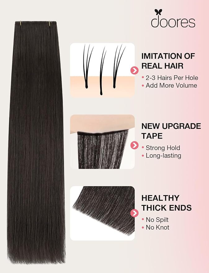DOORES Invisi Edge Tape in Wide Hair Extensions Human Hair, Dark Brown 4PCS Injection Tape ins 20g 24 Inch, Virgin Human 3 Inch Wide Injected Extensions Invisible