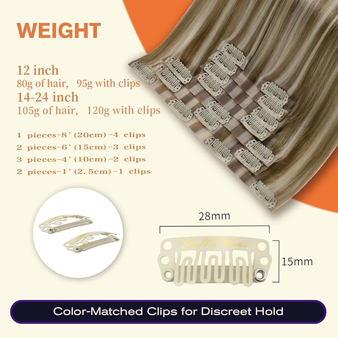 Full Shine Balayage Blonde Clip in Hair Extensions Real Human Hair Ash Brown Hair Extensions Mix Platinum Blonde Seamless Clip ins for Short Hair 12 Inch 8 PCS 95 G