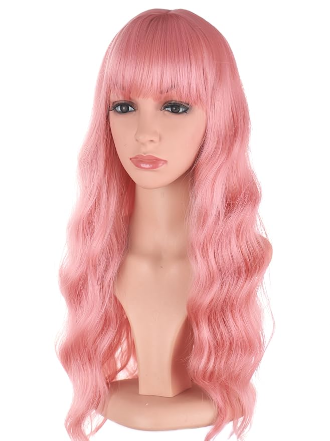 Pink Hair Wavy Wigs With Bangs For Women Synthetic Pink Wigs For Daily Use Everyday Wear.