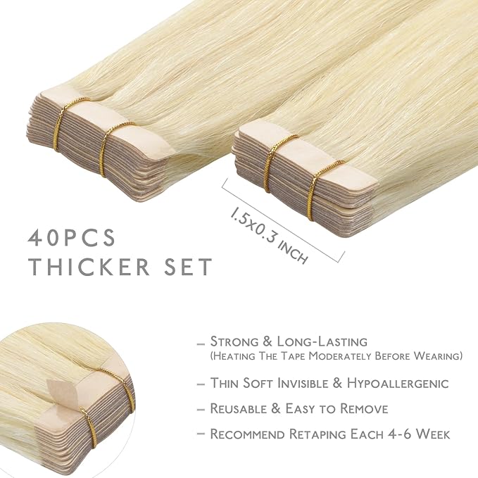 WENNALIFE Tape in Hair Extensions Human Hair, 40pcs 100g 20 inch Platinum Blonde Hair Extensions Real Human Hair Straight Tape in Extensions Invisible Human Hair Extensions
