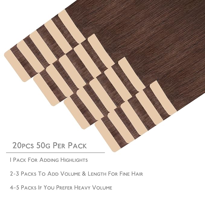 WENNALIFE Tape in Hair Extensions Human Hair, 20pcs 50g 24 inch Chocolate Brown Remy Hair Extensions Straight Human Hair Tape in Extensions Skin Weft Tape Extensions Human Hair