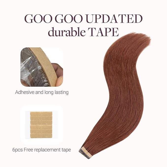 GOO GOO Tape in Hair Extensions Human Hair, #33B Dark Auburn Copper, 18inch 100g 40pcs, Skin Weft Seamless Invisible, Silky Straight with Thick Ends, Remy Human Hair