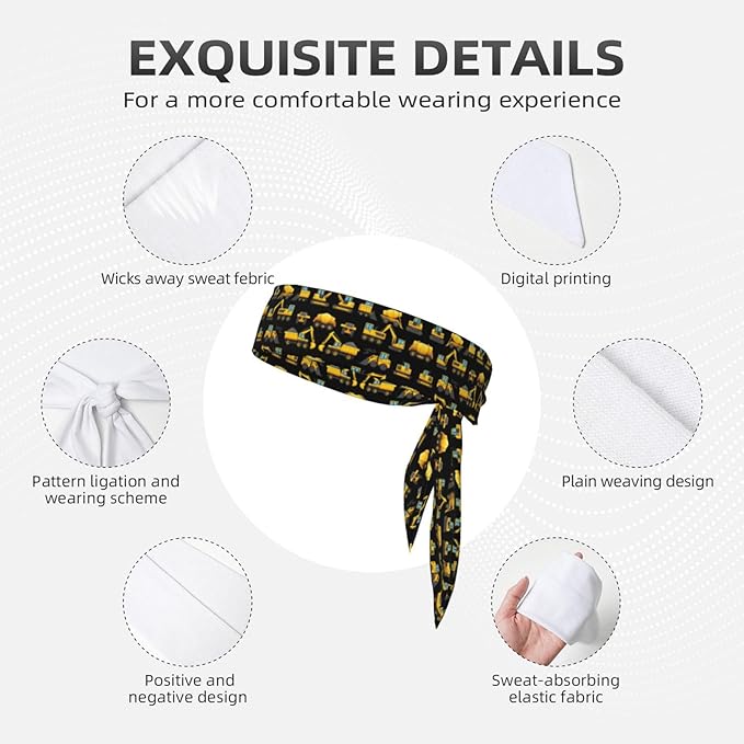 Men's Women Cool Black Yellow Buldozer Excavator Construct Machines Sports Sweatbands Multipurpose Novelty Head Ribbon Headdress for Yoga Workout Shower