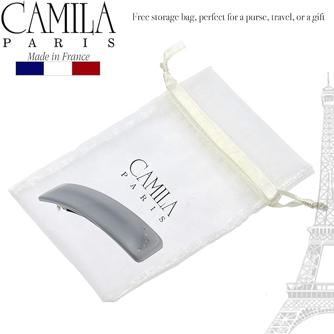 Camila Paris CP3445 French Hair Barrette Clip for Girls, Gray, Rubberized Automatic Clasp Strong Hold Grip Hair Clips for Women, No Slip and Durable Styling Girls Hair Accessories, Made in France