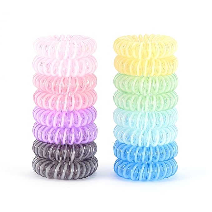 16Pcs Spiral Hair Ties, (Clear Colourful) Hair Elastic Coils for Women and Girls, Waterproof Phone Cord Hair Scrunchies Accessories Bands for Ponytails and Updos