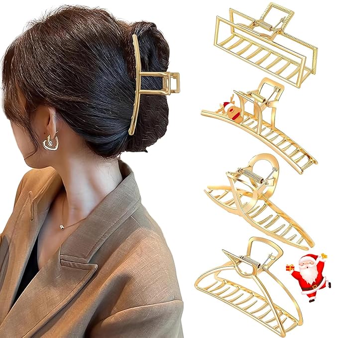 4 Pack Large Gold Hair Claw Clips for Women Thick Hair, French Design Metal Cross Banana Non-Slip Hair Catch Barrette Jaw Clamp Clips for Women and Girls