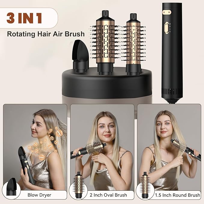 Hair Dryer Brush, 4 in 1 Rotating Round Hot Air Spin Brush Set Negative Ionic Professional Blow Dryer with Detachable Brush(2" & 1.5"), 3 Heats and 2 Speeds Rotating Blow Dryer Brush