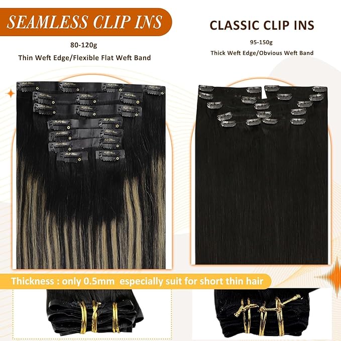 Full Shine Real Hair Clip in Extensions Balayage Seamless Clip ins Off Black to Black With Caramel Blonde Invisible Hair Extension Black Remy Natural Hair Longevity 120 Grams 18 Inch 8 Pcs