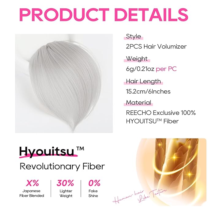 REECHO Clip in Hair Volumizer, 2PCS 6 inch Short Thick Clip in Hairpieces Adding Extra Volume Hair Extensions for Women (Light Silver)