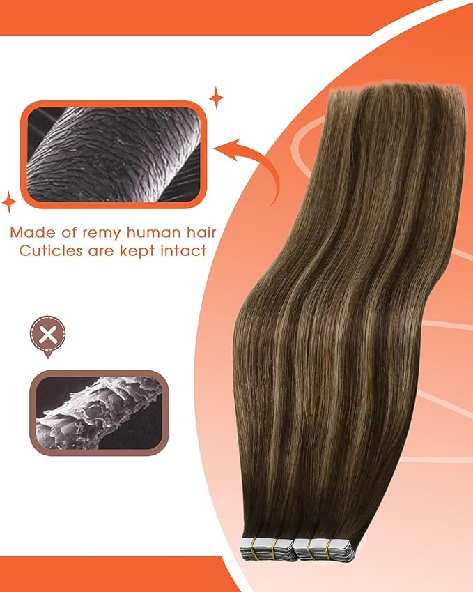 Sunny Hair Tape in Hair Extensions Real Human Hair Invisible Remy Hair Extensions Tape ins for Women Dark Brown Ombre Caramel Blonde Balayage 18 inch 25G