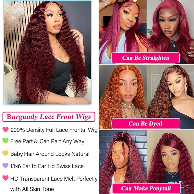 36 Inch 99J Burgundy Lace Front Wigs Human Hair Red Burgundy Wig 200% Density 13x6 Deep Wave Lace Front Wigs Human Hair Pre Plucked Glueless Lace Frontal Wigs for Women