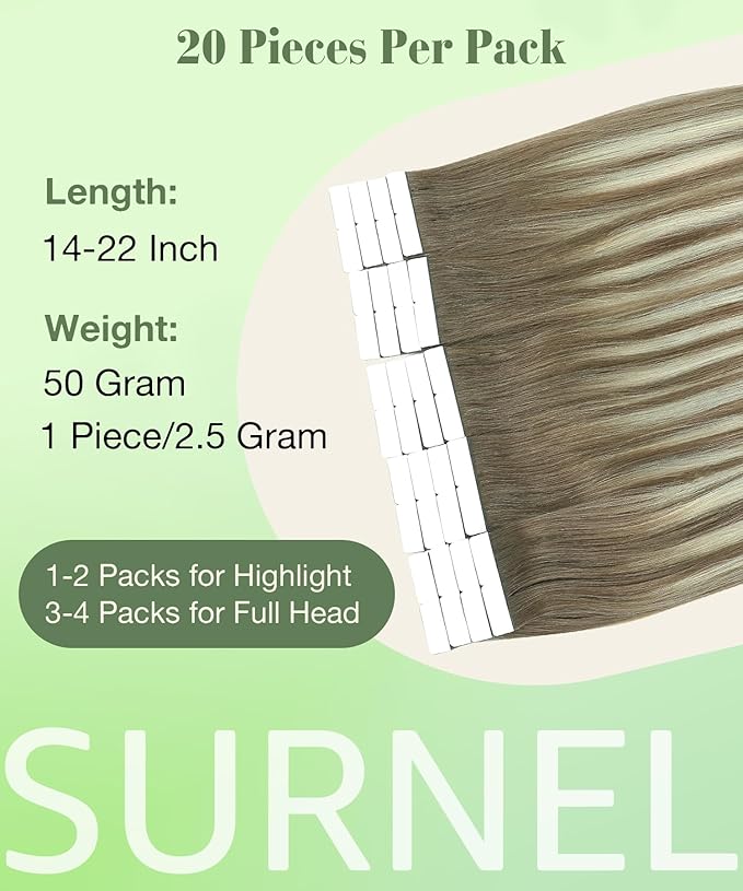 SURNEL Tape in Extensions Human Hair Ombre 8 Ash Brown Fading to 60 Platinum Blonde Tape in Hair Extensions 20 inch 20pcs 50g(#8T60-20)