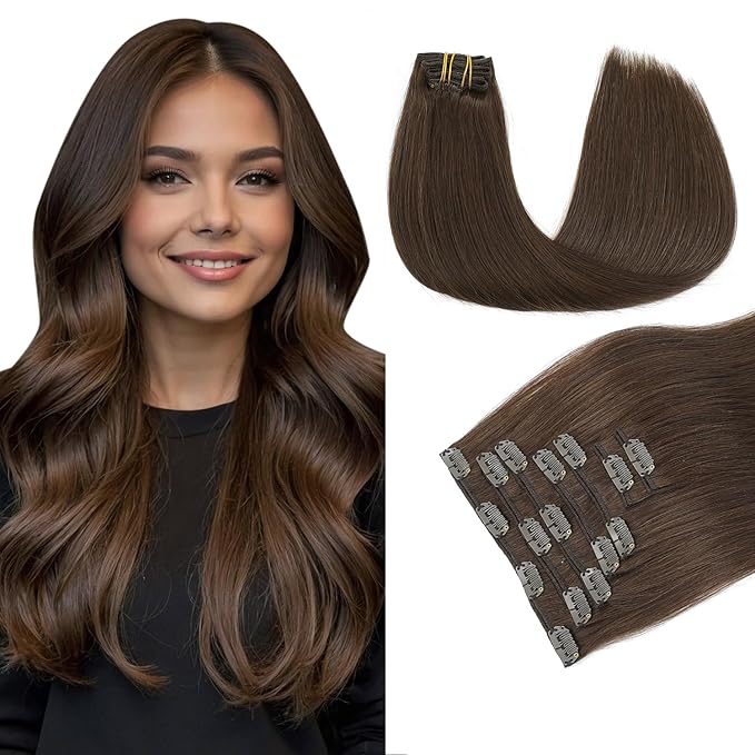 PINKPEARL Human Hair Clip in Hair Extensions 14inch #4 Chocolate Brown Clip in Hair Extensions Real Human Hair 7pcs 120g Natural Human Hair Clip ins for Women(#4-14)
