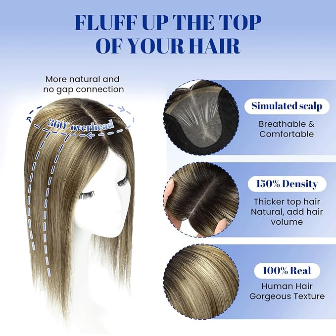 WORLDSTAR Hair Toppers for Women Real Human Hair 6 * 7 Inch Base 14Inch 65g #1B/4/27 Natural Black Ombre Brown with Caramel Blonde Hair Topper for Women with Thinning or Grey Roots (tp#1B/4/27-14)
