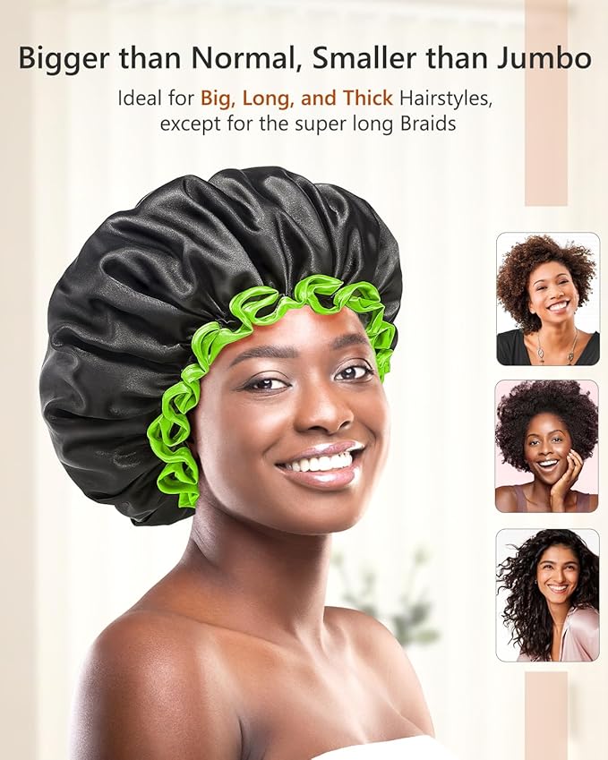 mikimini Extra Large Black Shower Caps Pack of 2 for Women and Men Thick Long Hair Braids, Reusable Waterproof Double Layers XL Bathing Hair Cap with Vibrant Green Edge (Black)