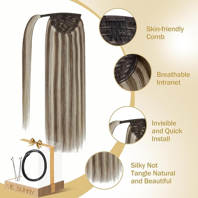 Ve Sunny Hair Extensions Ponytail Real Human Hair Wrap Around Clip in Ponytail Hair Extensions Straight Extensions Human Hair for Women Light Brown Highlights Platinum Blonde 22inch 80G