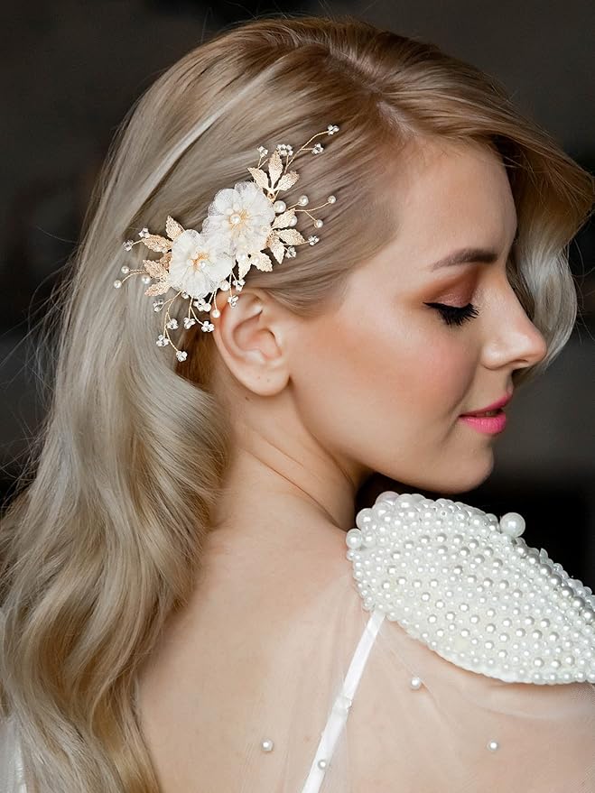 SWEETV Flower Bride Wedding Hair Comb of Fabric Material with Light Weight Pearl and Crystal Accents, Gold Color, 13*6 cm, for Brides Women and Girls Party Prom Gift