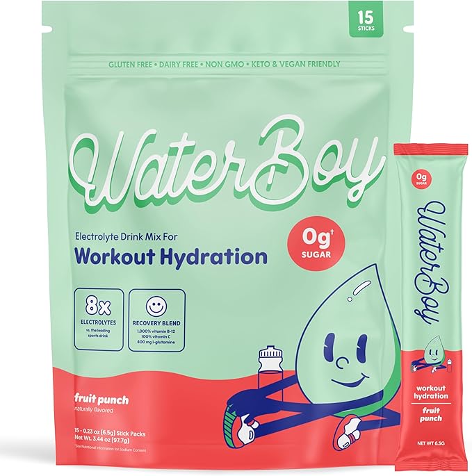 Waterboy Workout Hydration | 2,960mg Sugar Free Electrolyte Powder Packets | L-Glutamine + Vitamins | No Sugar, All Natural, Gluten Free | 15 Drink Stick Mixes (Fruit Punch)