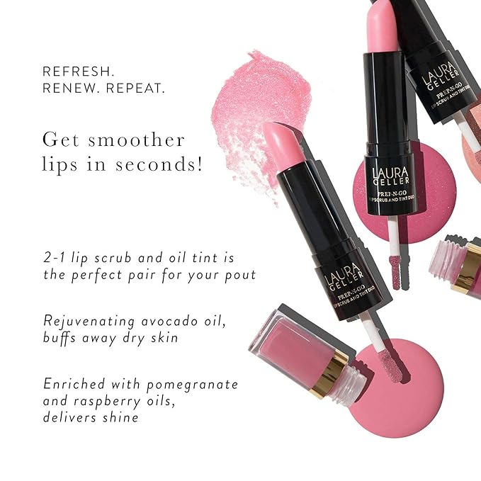 LAURA GELLER NEW YORK Prep-n-Go 2-in-1 Lip Scrub and Lip Oil Tint, Lip Hydrating Oil and Exfoliator, Finish Line