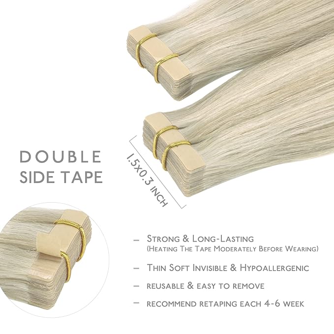 WENNALIFE Tape in Hair Extensions Human Hair, 20pcs 50g 14 inch Ash Blonde Highlighted Platinum Blonde Remy Hair Extensions Straight Human Hair Tape in Extensions Skin Weft Tape Extensions