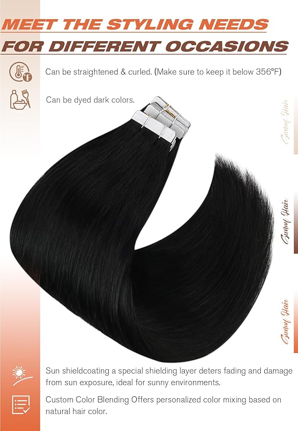 Sunny Hair Tape in Hair Extensions Human Hair 14inch Hair Extensions Real Human Hair Tape in Extensions for Women Jet Black Invisible Remy Hair Natural Straight Skin Weft Double Sided Tapes 20Pcs 50g